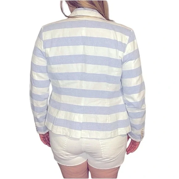 Merona Lined Chambray Blue and White Stripe Cotton Button Blazer Size 10 - Picture 3 of 11
